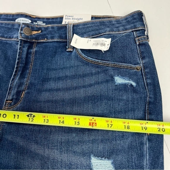 NWT Old Navy Women Power Slim Straight Blue Jeans Sz 14 Short Distressed Stretch - Picture 13 of 16